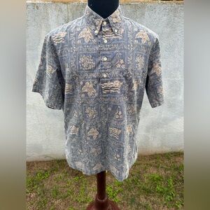 PreOwned Reyn Spooner Hawaiian Print Blue 3/4 Button Men's Large